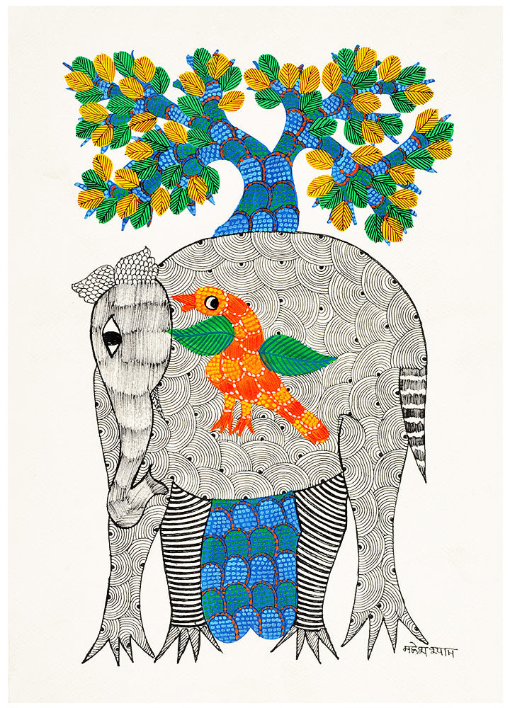 Elephant And Bird Under Tree - Gond Painting