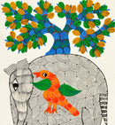 Elephant And Bird Under Tree - Gond Painting