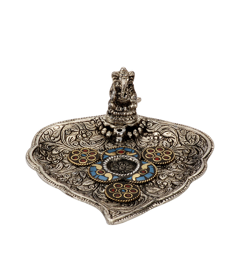 Decorative Lord Ganesh White Metal Incense Holder