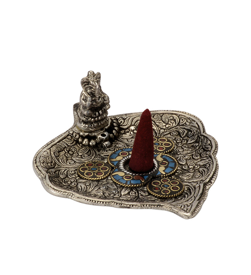 Decorative Lord Ganesh White Metal Incense Holder