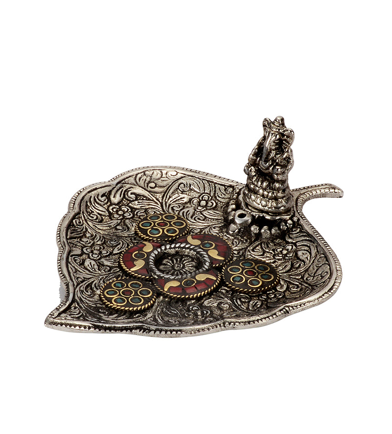 Lord Ganesh White Metal Incense Holder