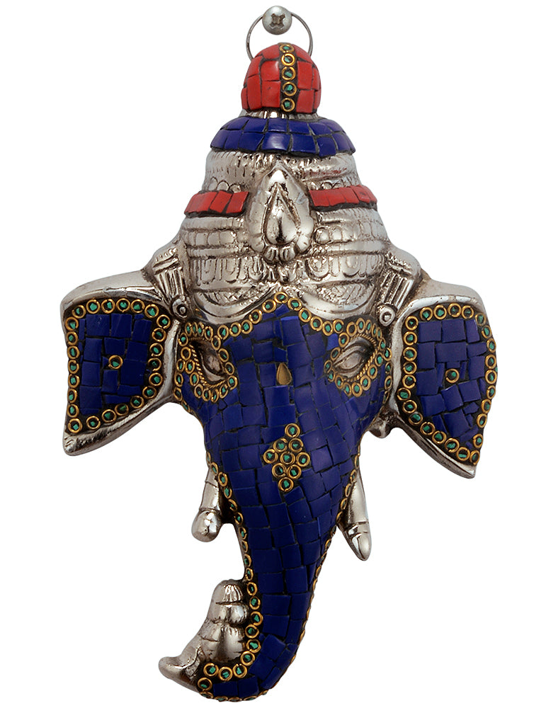 Decorative Ganesha Mask - White Metal Wall Hanging