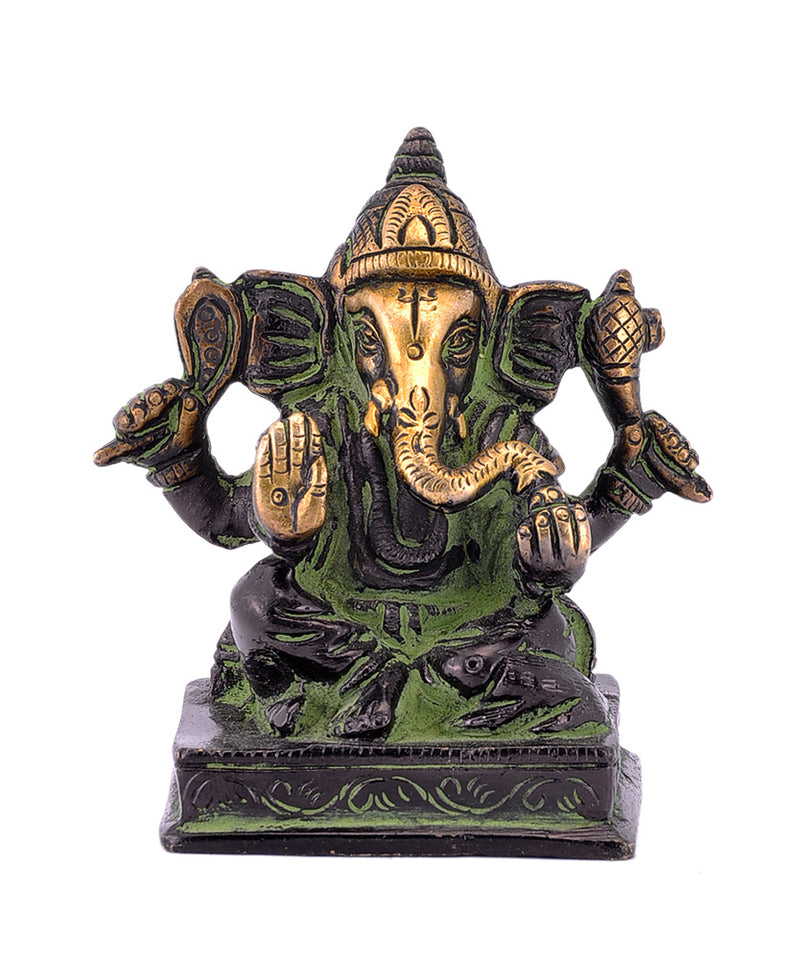 Lord Ganesha Seated on Chowki Brass Statue