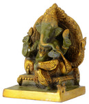Lord Vighnaharta Ganesha Seated on Throne Brass Statue with Green Antique Finish
