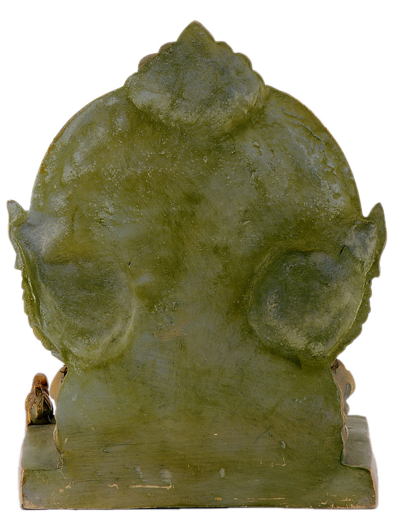 Lord Vighnaharta Ganesha Seated on Throne Brass Statue with Green Antique Finish