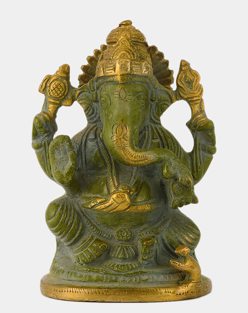 Hindu Deity Gajamukha Ganesha Brass Statue in Green Finish