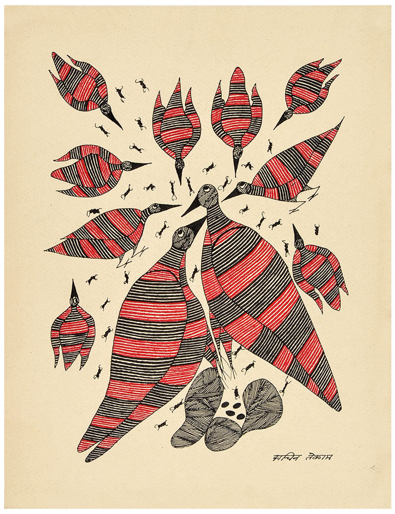 Ant & Birds - Gond Painting