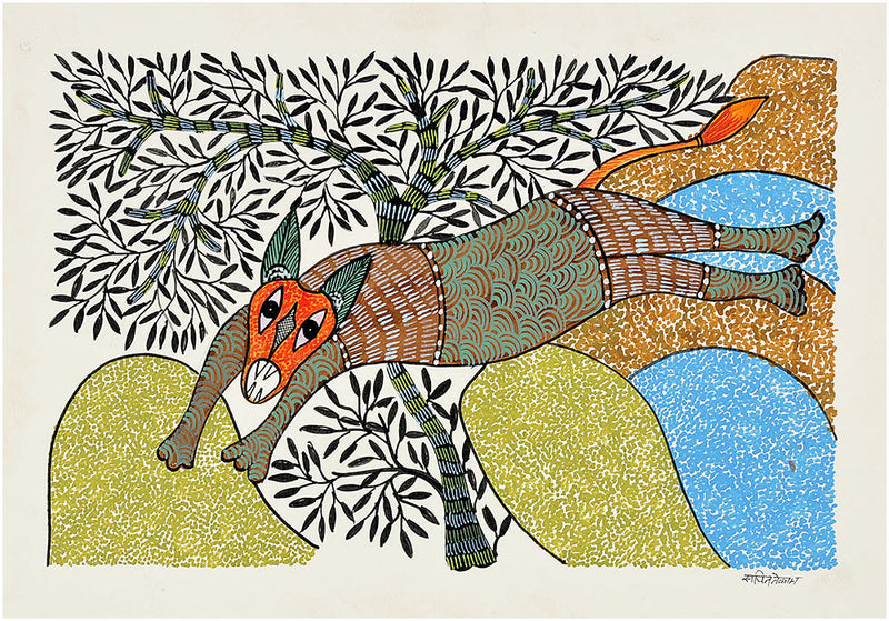 Jumping Fox - Gond Painting