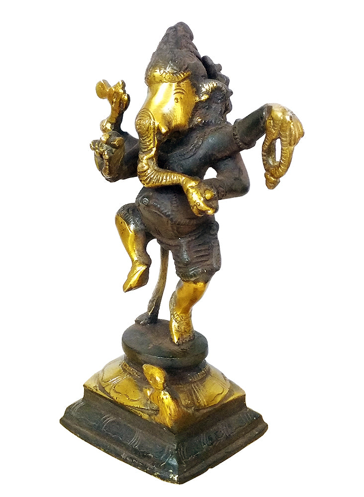 Brass Dancing Ganesh Statue in Antique Finish (5.8 Inch)