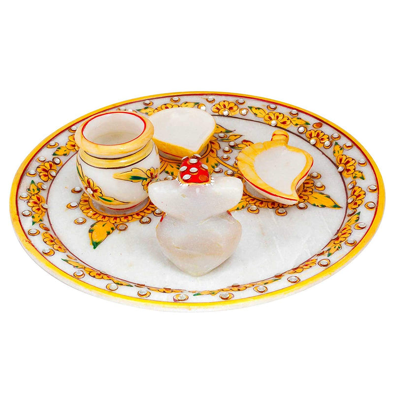Lord Ganesha Gold Painted Marble Pooja Thali