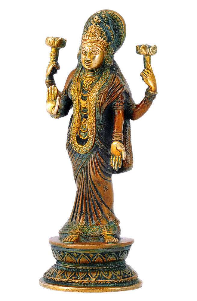 Engraved Lakshmi Brass Statue in Black Finish