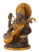 Goddess Saraswati Brass Statue in Brown Finish