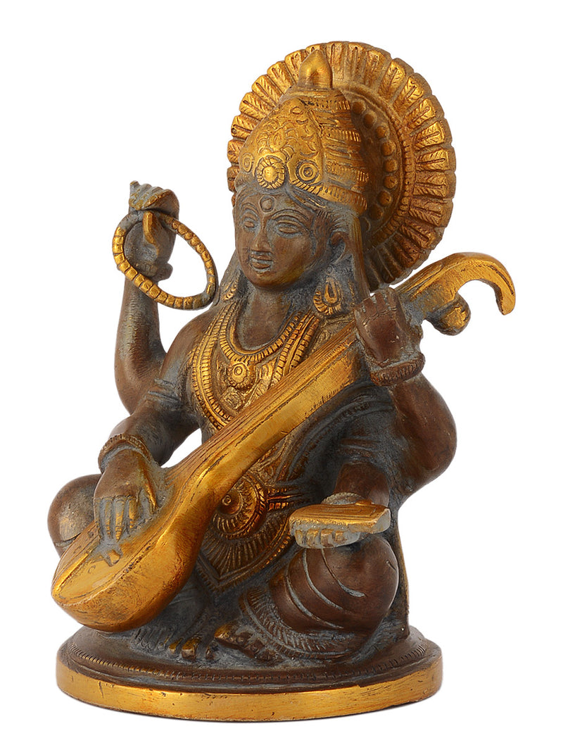 Goddess Saraswati Brass Statue in Brown Finish