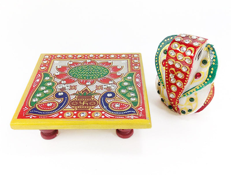 Jai Deva Ganesha Painted Marble Chowki