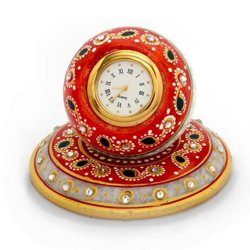 Golden Painted Marble Clock with Meenakari Work