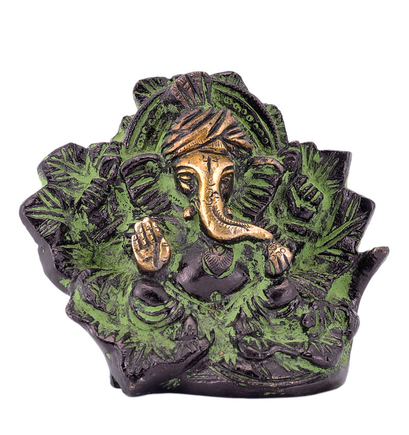 Lord Ganesha Seated on Leaf Brack Color Brass Statue