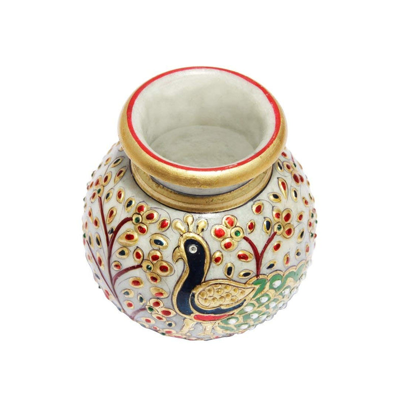 Persian Dream Peacock Motif Kundan Studded Marble Flower Pot