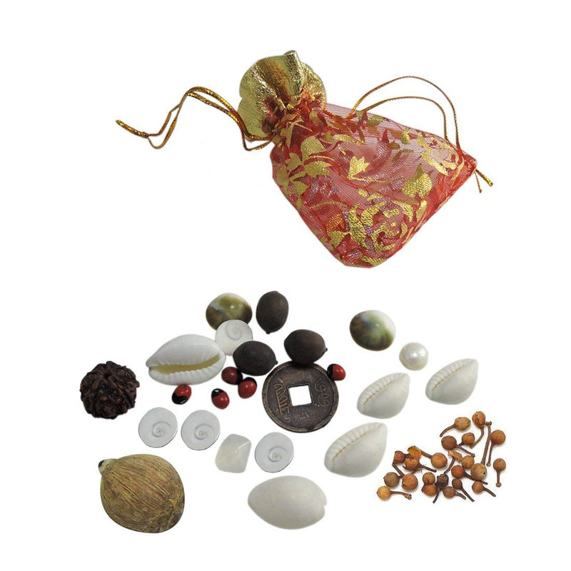 Pooja Energized Potli - Laghu Nariyal, Cowrie, Lal Gunja, Rudraksh, Swastik Yantra, Lotus Seeds, Moti, Gomati Chakra, Coin