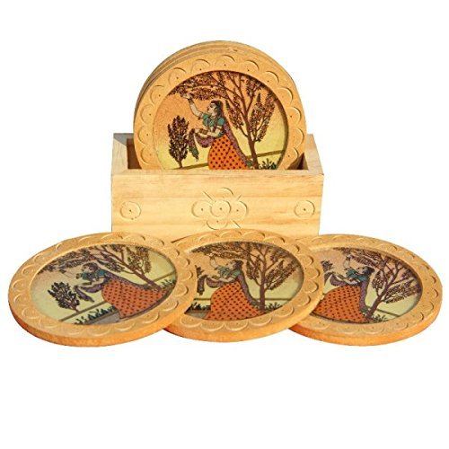 Gemstone Wood Coasters "Ragini Plucking Flowers"