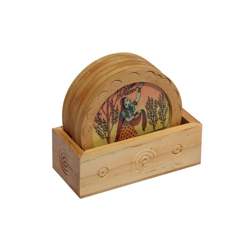 Gemstone Wood Coasters "Ragini Plucking Flowers"