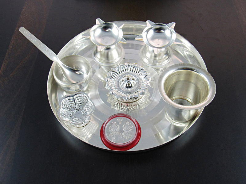 Silver Plated Pooja Thali Set With Free German Silver Coin