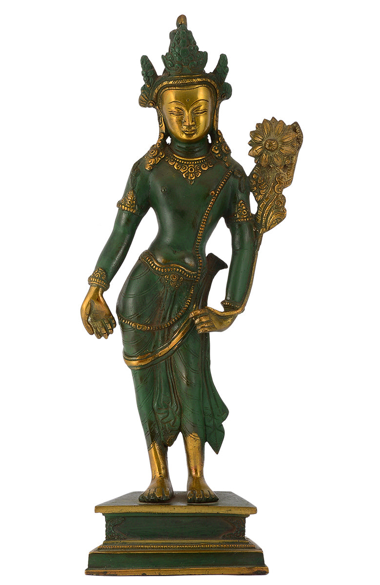 Large Standing Goddess Tara Antique Green Finish Brass Statue