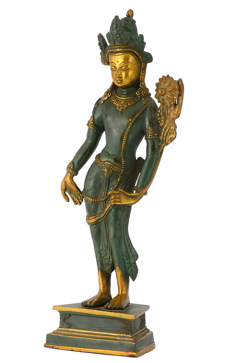 Large Standing Goddess Tara Antique Green Finish Brass Statue
