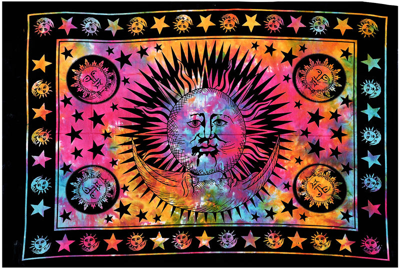 Celestial Sun Moon Stars Tie Dye Cotton Wall Hanging Tapestry