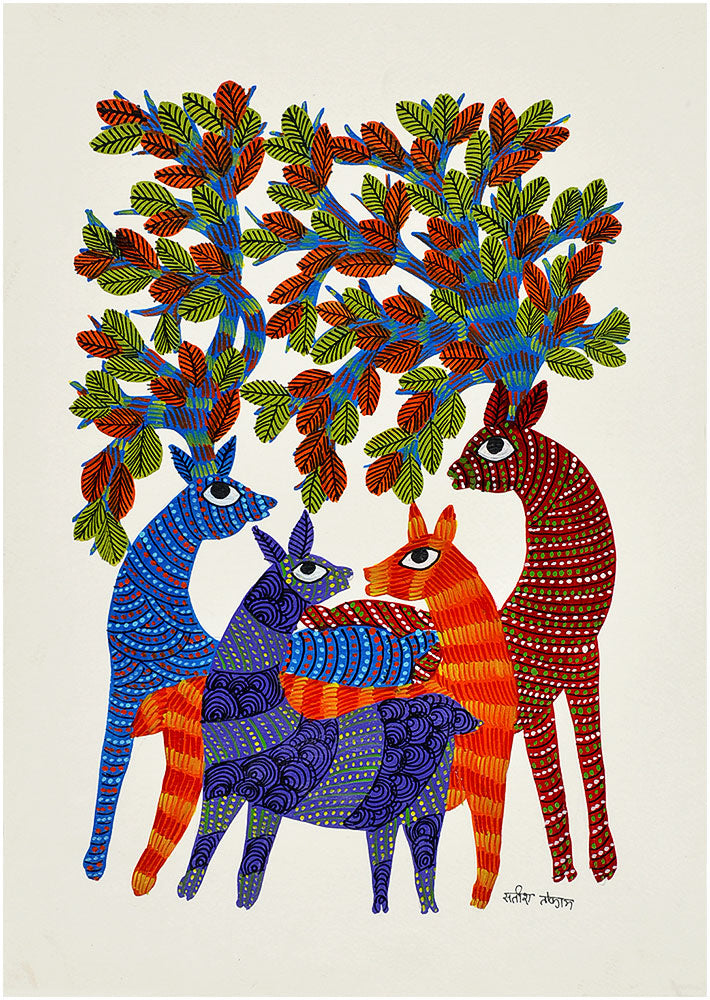 Colorful Deers - Gond Painting