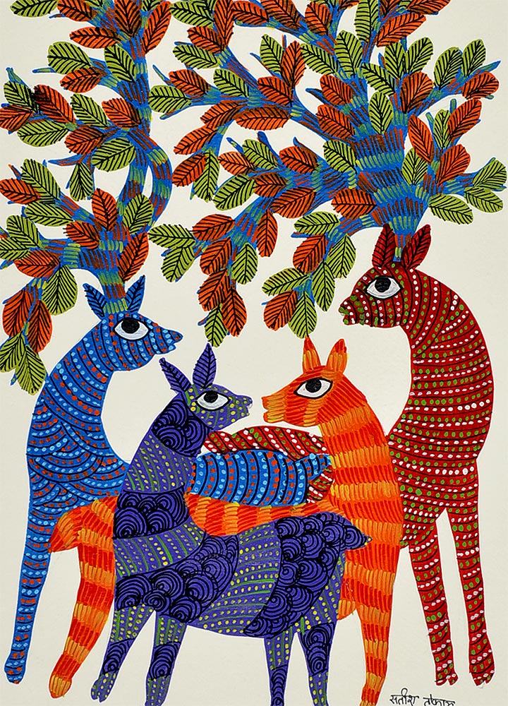 Colorful Deers - Gond Painting