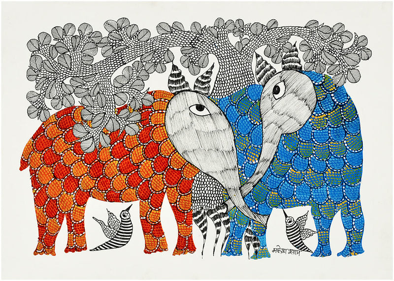 Talking Elephants - Gond Painting