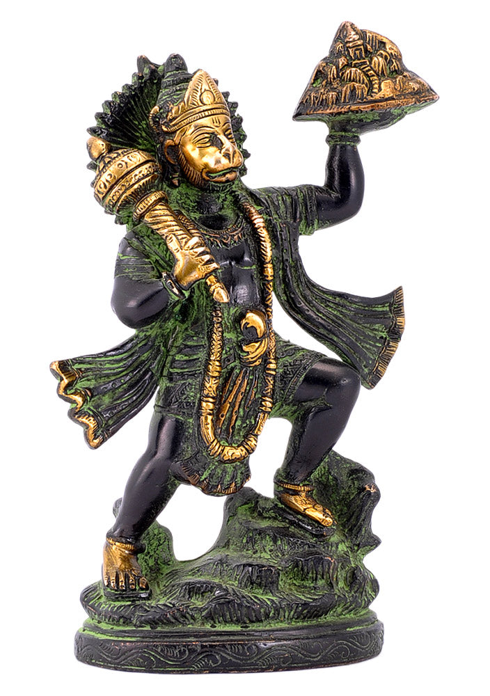 Veer Hanuman Carrying Mountain Brass Statue in Black Finishing