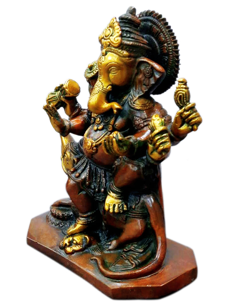 Vighnaharta Lord Vinayak Seated on Mouse Brass Sculpture