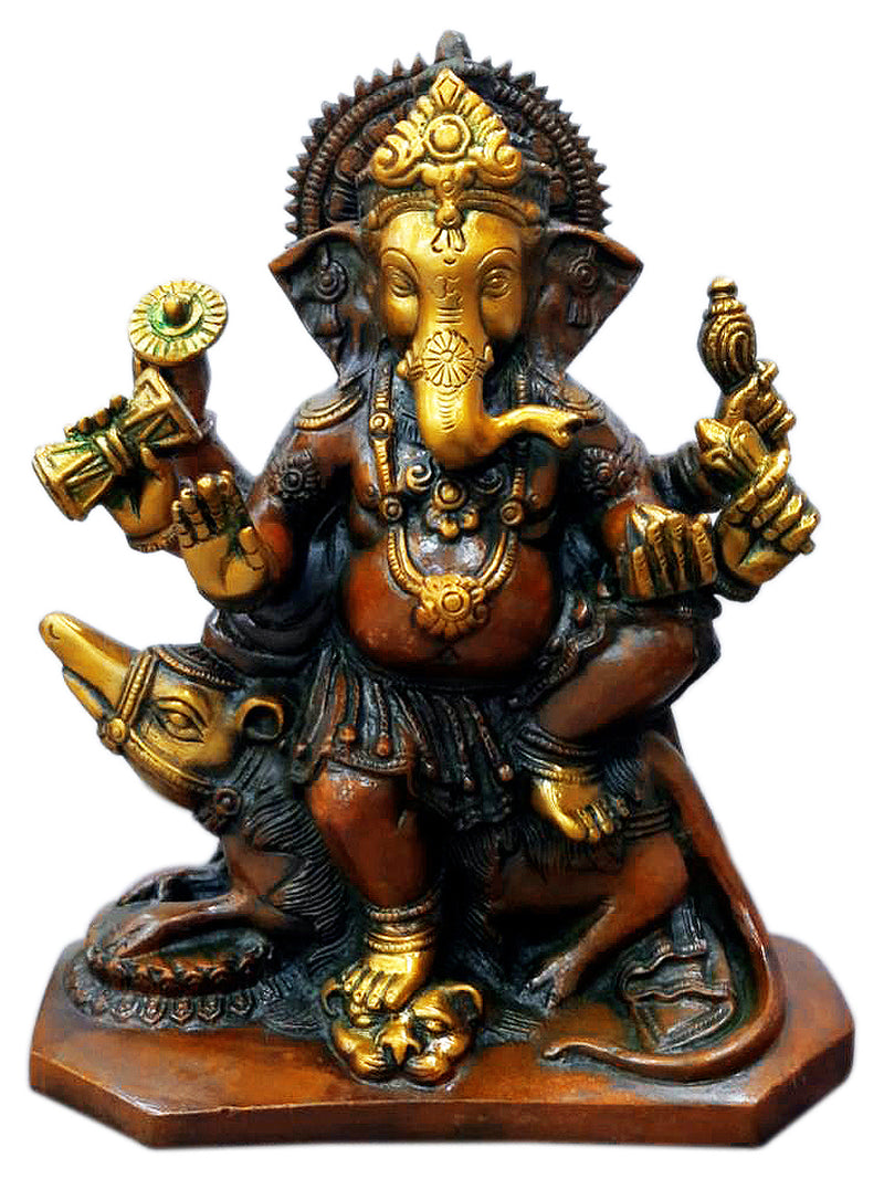 Vighnaharta Lord Vinayak Seated on Mouse Brass Sculpture