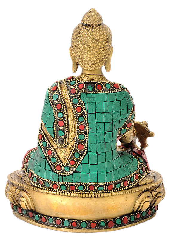 Brass Buddha with Turquoise Coral Stone Work