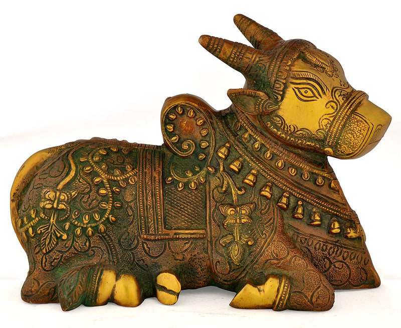 Auspicious Nandi Bull Statue In Brass 9"