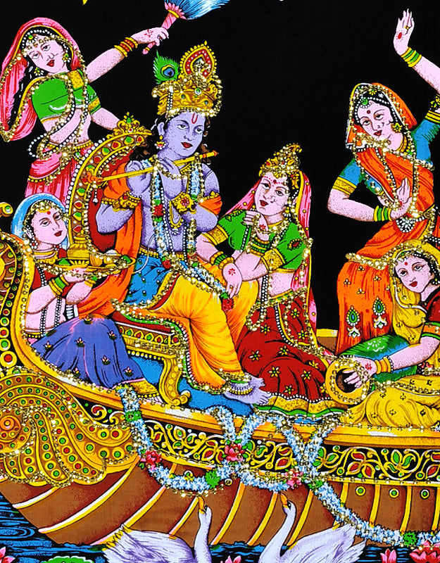 Lord Krishna Playing Flute in a Boat with Gopis