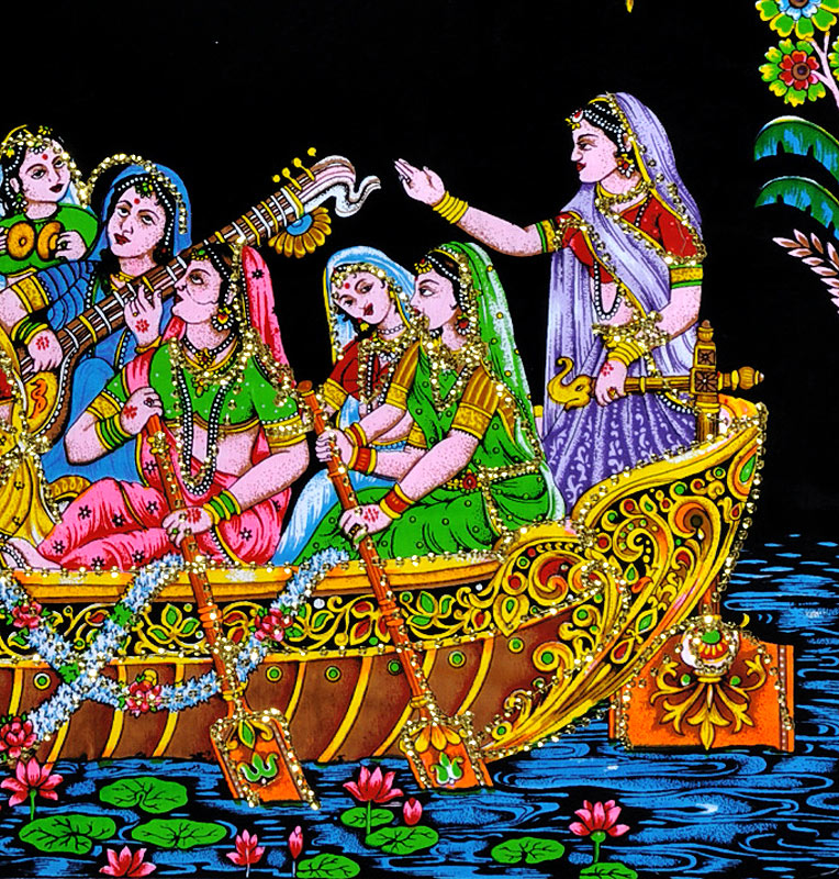 Lord Krishna Playing Flute in a Boat with Gopis