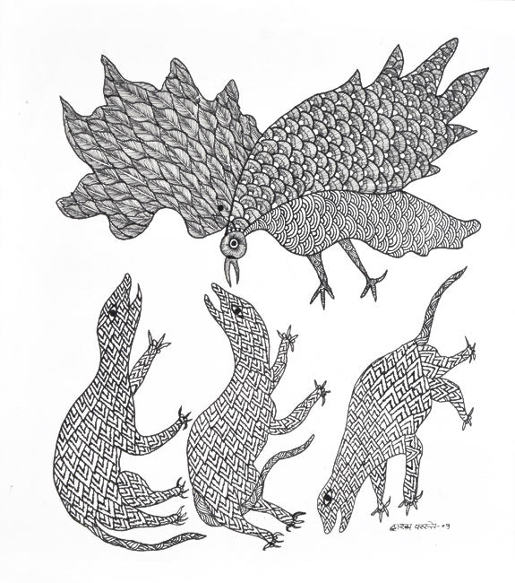 Gond Tribal Painting "Attacking Eagle"