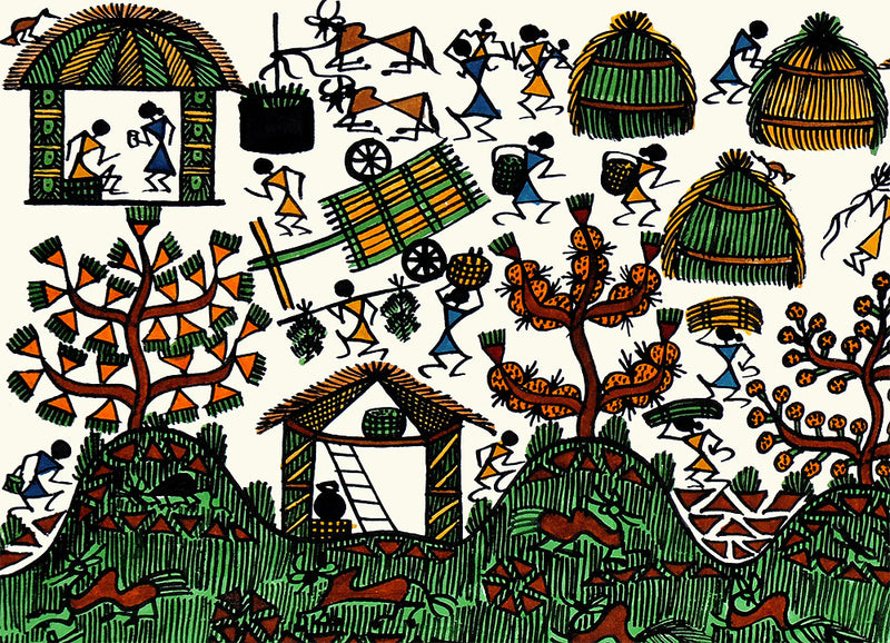 'Village Activities' Handmade Paper Painting