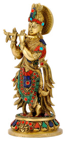 Lord Krishna Brass Figurine with Stones