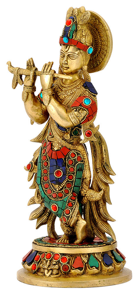Lord Krishna Brass Figurine with Stones