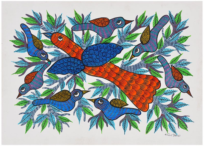 Enchanting Birds Gond Painting