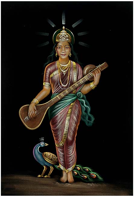 Goddess Saraswati - Handmade Velvet Painting