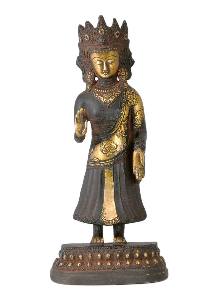 Antiquated Brass Buddha with Ashtamangala Carving on His Robe 8.75"