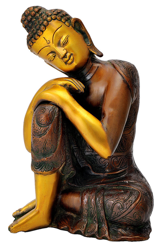 Brass Thinking Buddha Brown Finish Sulpture 11"