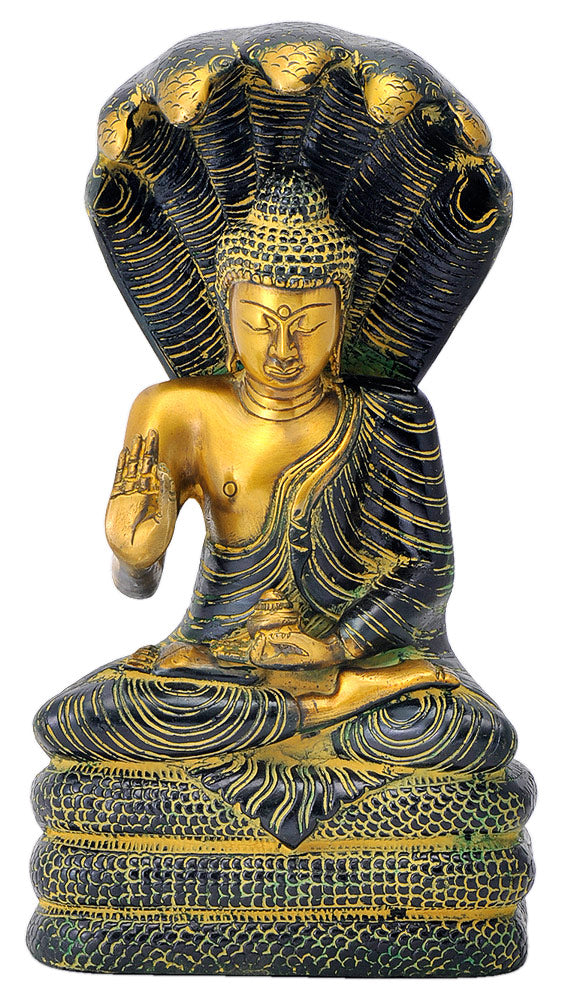 Antiquated Buddha Statue with Seven Head Snake Guardian