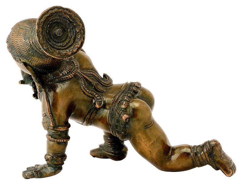 Brass Crawling Baby Krishna Sculpture in Antique Bronze Finish