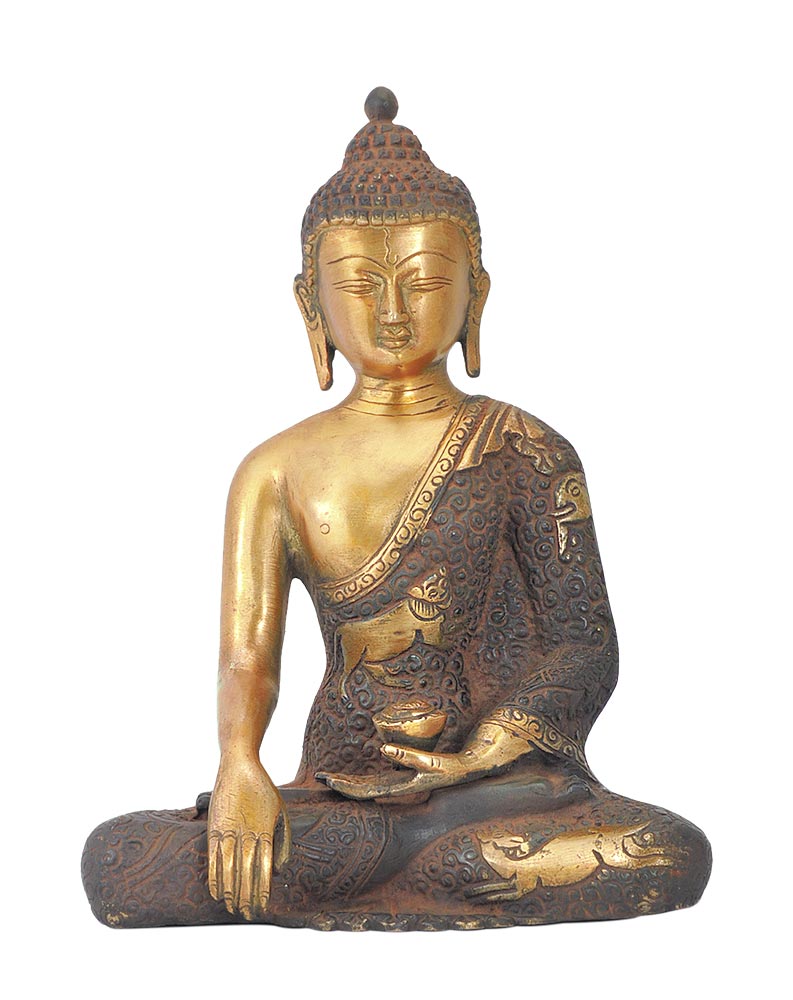 Bhumisparsha Buddha - Antiquated Brass Statue 8"