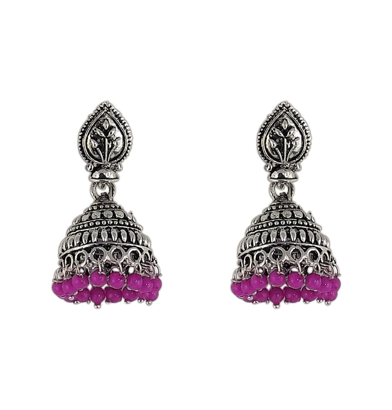 Magenta Beads Traditional Indian Style Sliver Color Jhumki Earrings
